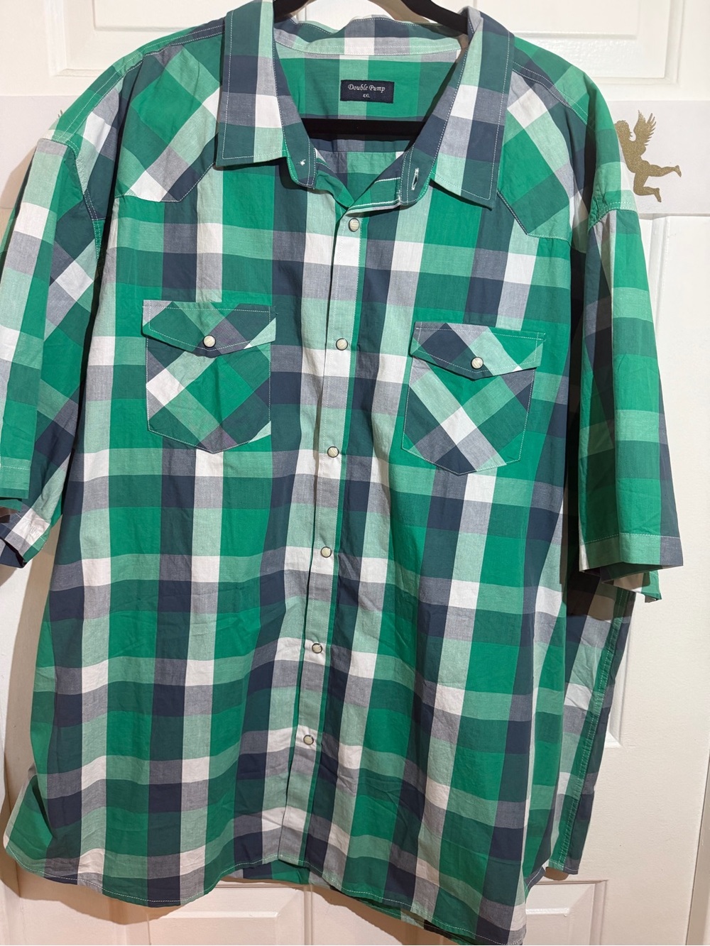 Double pump Green and White Plaid Short-Sleeve Button-Down Shirt - western style